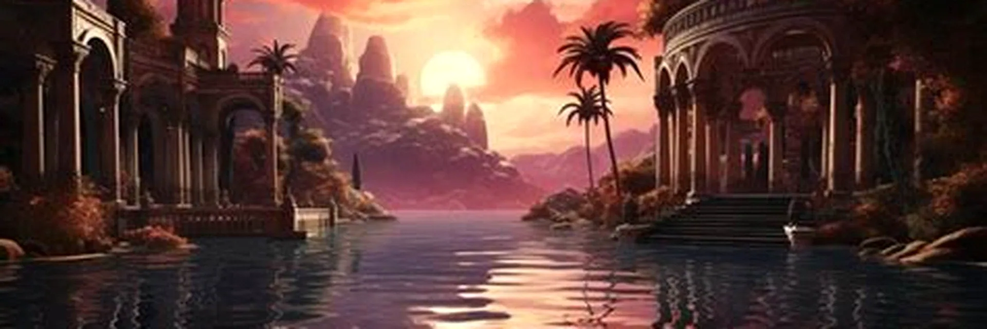 Calypso Casino lobby artwork with a Greek temple, palm trees and a roulette wheel at sunset